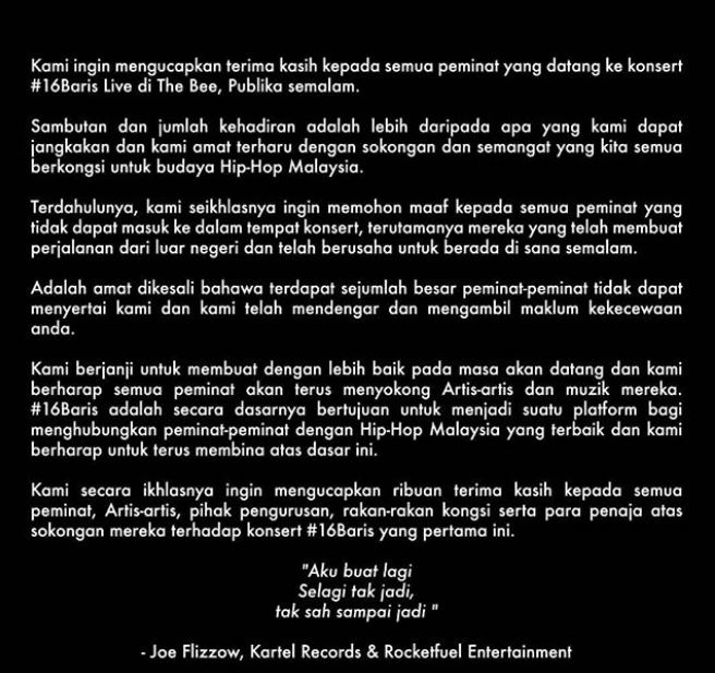 Instagram @rocketfuelentertainment Permohonan maaf daripada Joe Flizzow, Kartel Records dan Rocketfuel Entertainment